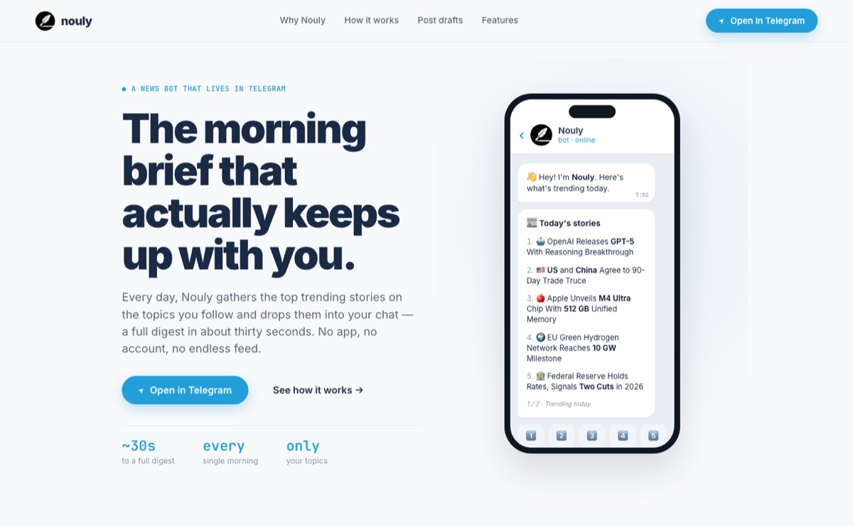 The nouly.app website — the day's news digest playing out in a Telegram chat